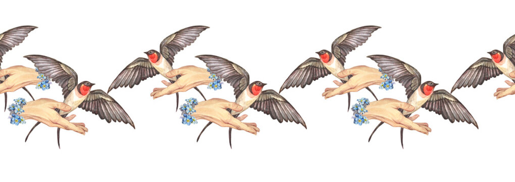 Watercolor seamless border with flying swallow in hand with flower forget-me-not on white background. Spring and summer bird for wedding celebration invite. Sticker or sketchbook. Wallpaper wrapping