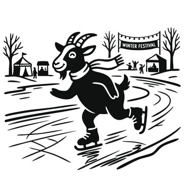 Goat character ice skating at winter festival vector illustration. Black and white cartoon of skating goat on frozen river. Seasonal holiday graphic isolated on transparent background