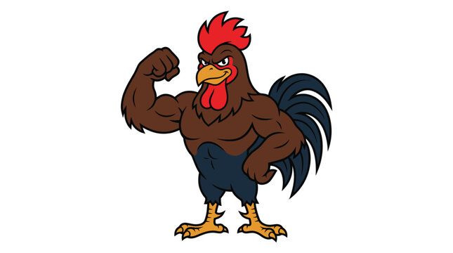 A strong muscular rooster mascot vector illustration with bold outlines and vibrant red and brown colors