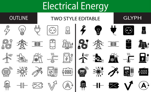 Electrical Energy Refined Monoline and Black Solid Vector Icon Set for Power Generation Distribution Efficiency and Utility Systems