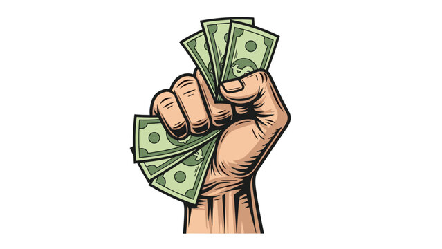 Dynamic pop art style illustration of a hand firmly grasping a wad of green dollar bills, symbolizing wealth, finance, and success.
