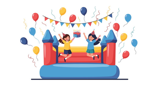 Joyful scene of two girls happily jumping in a colorful inflatable bouncy castle, surrounded by festive balloons, streamers, and a birthday cake.