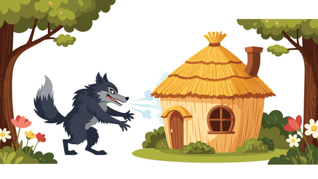 Whimsical cartoon depiction of the big bad wolf fiercely huffing and puffing at the small straw house, from the classic three little pigs fable.
