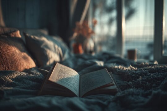 cozy reading corner with open book on bed