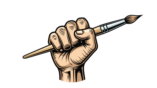 Detailed and expressive vintage style engraving of a powerful hand clenching a paintbrush, rendered with vibrant coloring, symbolizing art and creativity.