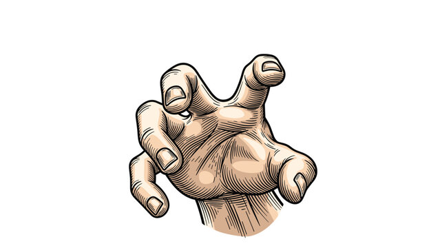 Stylized vintage engraving of a human hand reaching out or grabbing something, depicted with a dynamic and tactile quality.