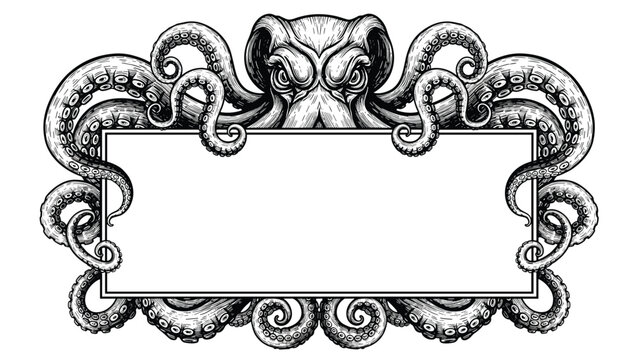 Intricate vintage style engraving of a fierce octopus with tentacles forming an elaborate frame or border around a central space.