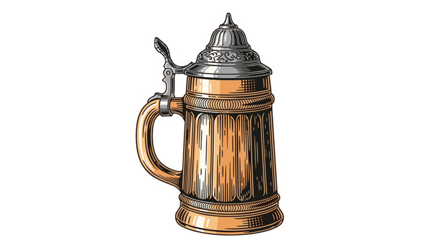Detailed vintage style engraving of a traditional German beer stein with an ornate hinged metal lid, isolated on white.