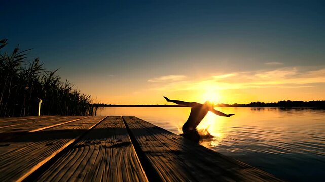 Silhouette of a man jumping off a wooden pier into a lake at sunset. Captured mid-air against a golden sky and reflecting water. Summer vacation concept for travel and outdoor lifestyle marketing.