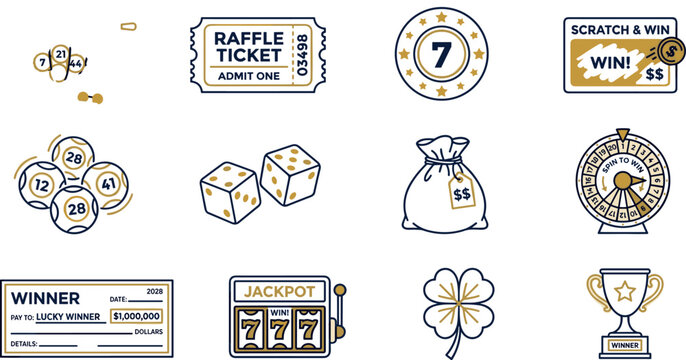 Lottery and Gambling Game Line Icon Set with Spherical Bingo Cage Raffle Ticket Scratch Card Lotto Balls Dice Fortune Wheel Slot Machine and Check