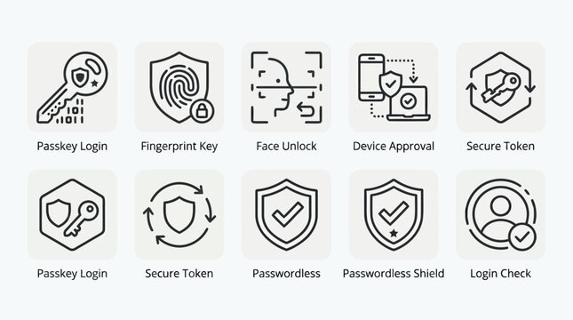 Set of icons with different passwordless authentication methods and login checks including passkey login, secure token, passwordless shield, and login check for enhanced security features.