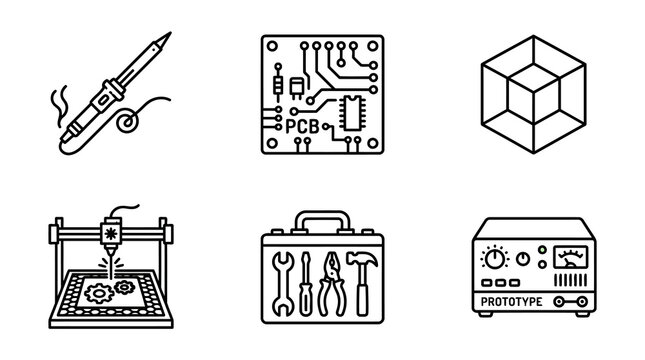 Hardware engineering and electronics manufacturing icons featuring soldering iron circuit board pcb 3d cube model laser cutter tool kit and prototype power supply testing device in line art style.
