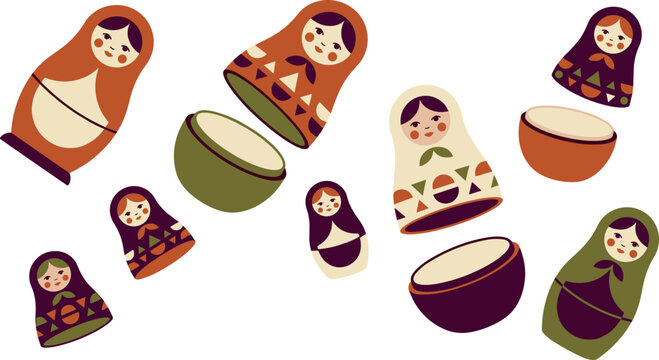 Traditional Russian Matryoshka Doll Vector Set with Open Separated and Nested Babushka Stacking Toy Elements for Cultural Souvenir Designs