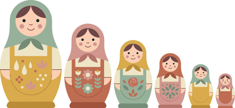 Traditional Russian Matryoshka Doll Vector Set with Cute Nesting Babushka Characters in Pastel Colors for Souvenir and Cultural Graphic Designs