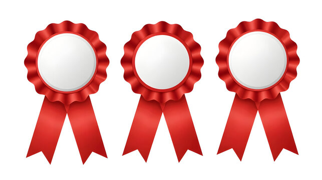 Three red rosette ribbons with blank white centers and tails transparent background