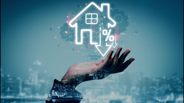 Hand Holding House Icon With Percentage Sign and Abstract Graphs Representing Real Estate Market Trends and Financial Gain Sigmoid