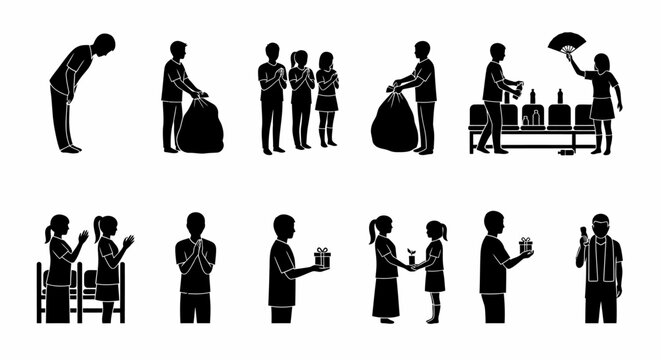 Vector illustration of Japanese sports fans bowing and clapping in various gestures