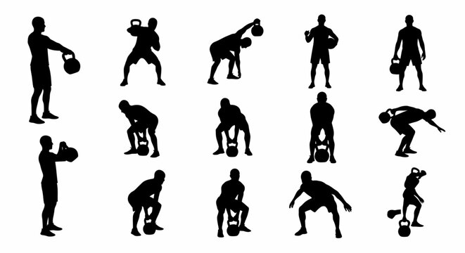 Silhouette of man exercising with kettlebell in various poses