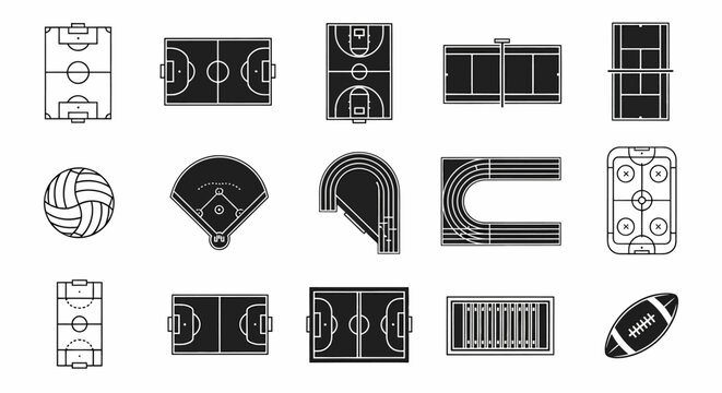 Various sports field layouts and equipment aerial view, soccer field, basket field, volly field