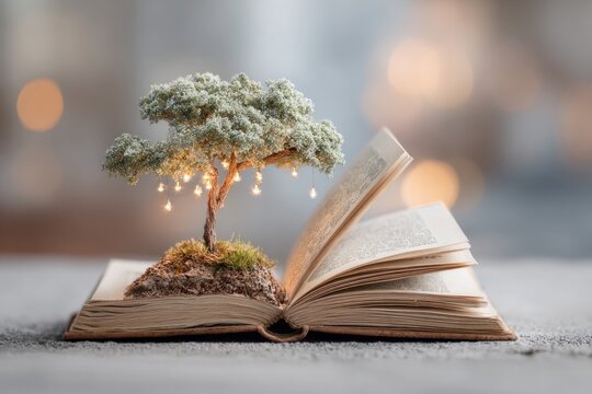 enchanted tree growing from an open book