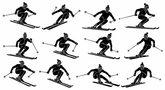 Telemark skiing action poses collection, vector illustration of skier in various movements