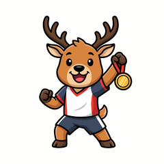 Obraz premium Cute Deer Mascot Celebrating Victory with Gold Medal in White Navy Red Sports Jersey