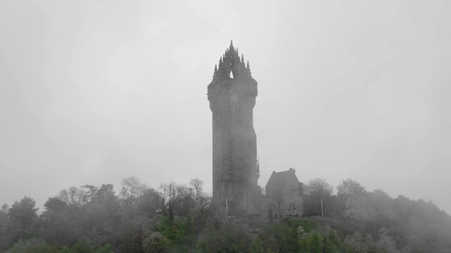 Wallace Monument Surrounded by Fog in Scotland