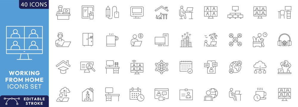 Working from home icon set. Contains icons related to remote working, freelance, hybrid work, work at home, Etc. Fully Editable. Vector illustration