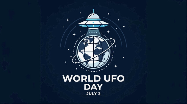 Stylized vector illustration of a UFO hovering over planet Earth for World UFO Day on dark background