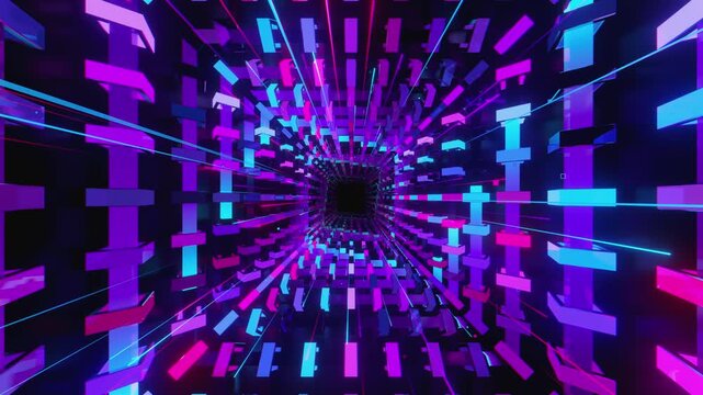 VJ loop data vortex made of glowing blocks and digital structures, creating a deep perspective background for stage screens and techno music events.
