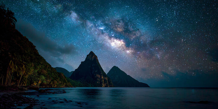 The Pitons Night Sky Stars Over Ocean and Mountains