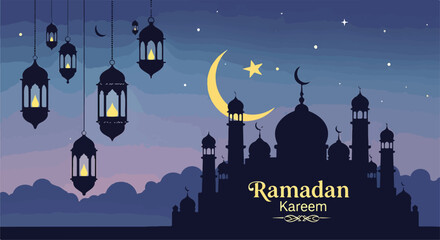 A serene night scene with mosque silhouettes and lanterns © Tolhah