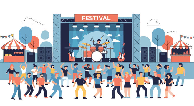 A vibrant festival scene with a stage, band, and dancing crowd