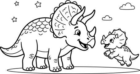 Cute Cartoon Mother and Baby Triceratops Dinosaur Coloring Page Vector Outline Illustration with Stars and Clouds for Kids Activity Book Designs © EdGe Creative