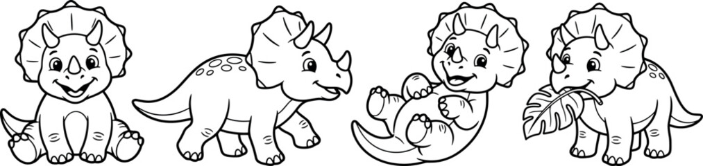 Cute Cartoon Baby Triceratops Dinosaur Coloring Page Set with Four Different Playful Poses and Expressions for Kids Prehistoric Activity Book Designs © EdGe Creative