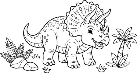 Cute Cartoon Triceratops Dinosaur Coloring Page Vector Outline Illustration with Prehistoric Palm Tree Plants and Rocks for Kids Activity Book Designs © EdGe Creative