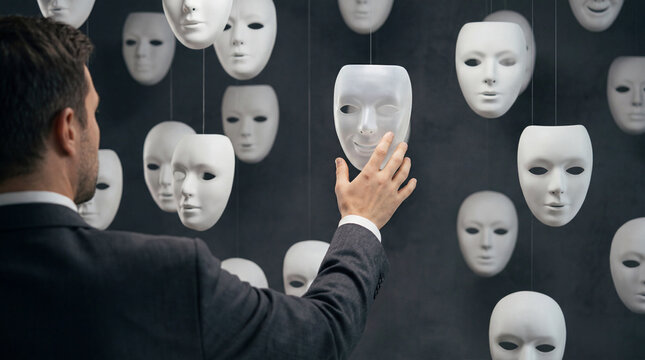 Man choosing a mask, concept of identity, deception, hidden face, anonymity