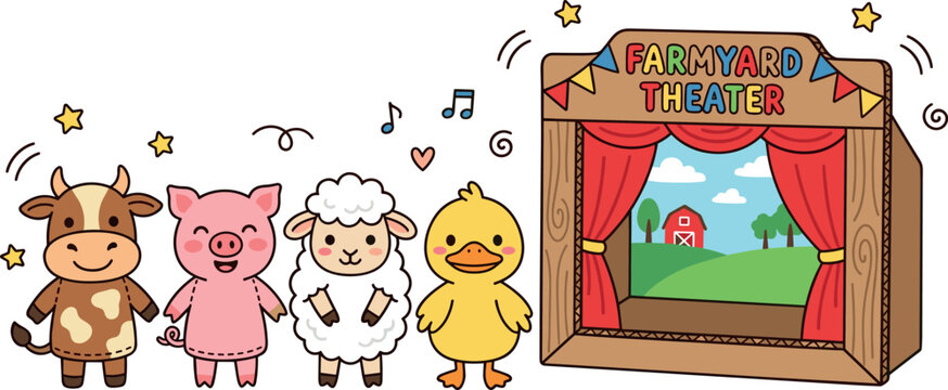 Cute Farmyard Theater Puppet Show Vector Set with Cartoon Cow Pig Sheep and Duck Finger Puppets Performing Next to a Wooden Stage