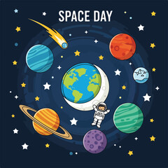 A colorful cartoon illustration of planets and an astronaut © Rkia