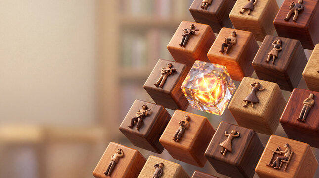 Unique wooden cubes with tiny people figures and glowing crystal