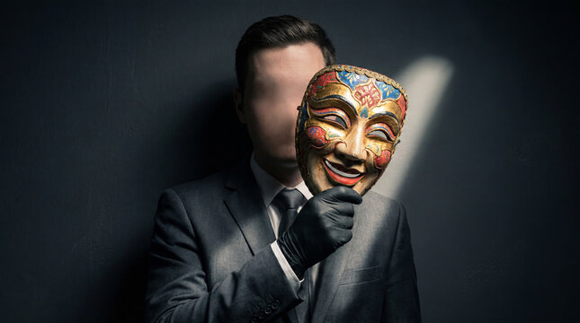 Faceless businessman hiding behind a colorful theatrical mask