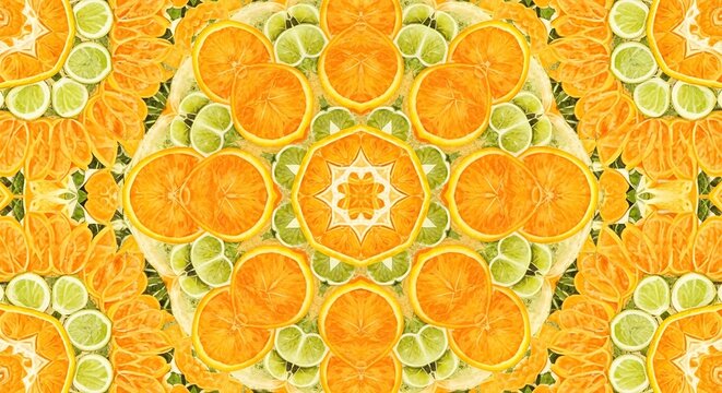 Vibrant orange citrous fruit slices arranged in a colorful symmetrical pattern with green limes on a natural background.