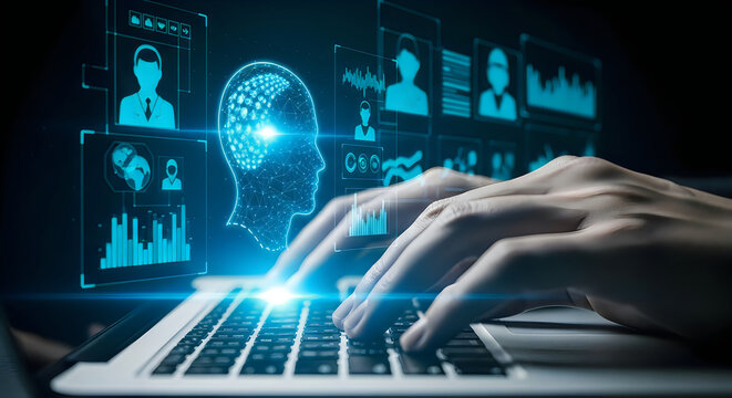 Close-up of hands on laptop keyboard with futuristic AI interface, technology background, blue glowing screen, human computer interaction technology