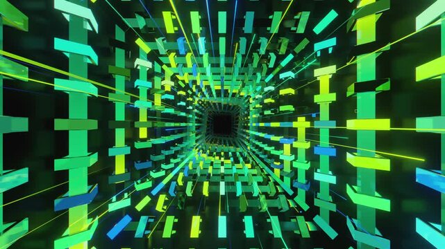 VJ loop data vortex made of glowing blocks and digital structures, creating a deep perspective background for stage screens and techno music events.