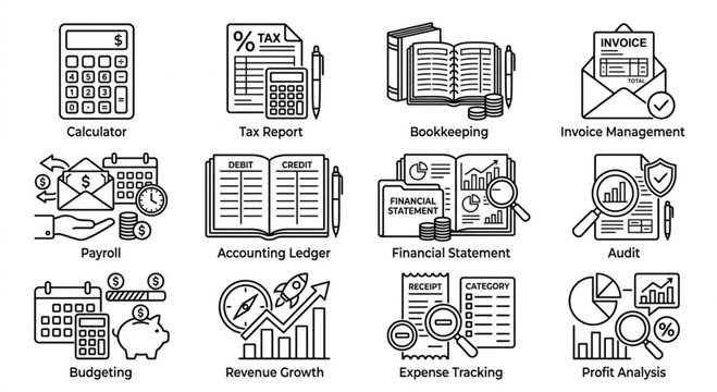 Accounting icons, financial management symbols, bookkeeping illustrations, business finance graphics isolated on Transparent Background