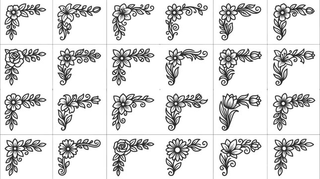 Set of decorative floral corner silhouette elements with flower and leaf outlines for elegant border design and artistic sketching