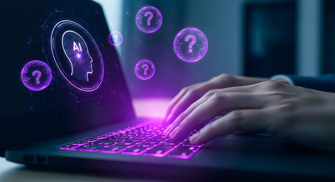 Person typing on laptop with purple glow, question marks, and head silhouette, technology concept technology