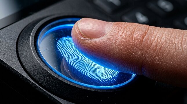 Close-up of a human finger being scanned by a biometric fingerprint reader with a glowing blue light