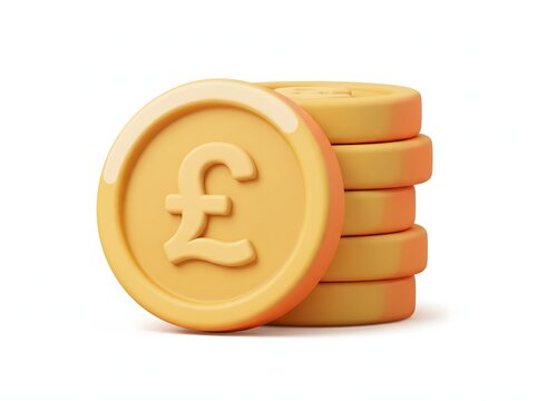 British Pound Gold Coins Stacked on White Background for Financial Growth and Savings Concept