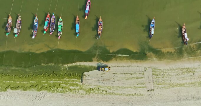Top view of algae forming along the sandy coast of Patong Beach with machinery working to restore the shoreline. A striking blend of natural textures and industrial activity in a seaside environment